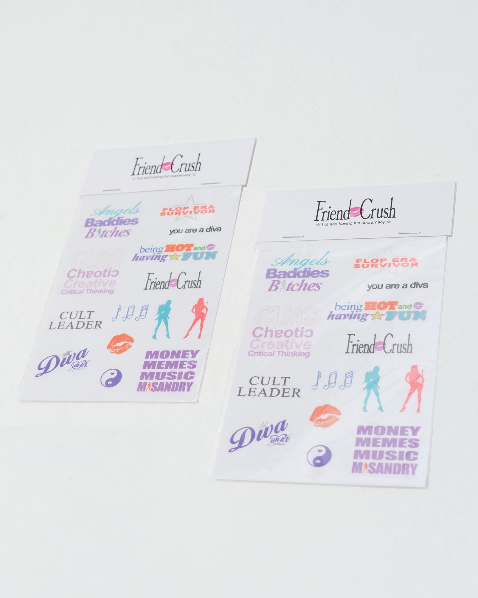 Two white sticker sheets featuring various pop culture, music, and fashion-themed stickers on a clean white background.